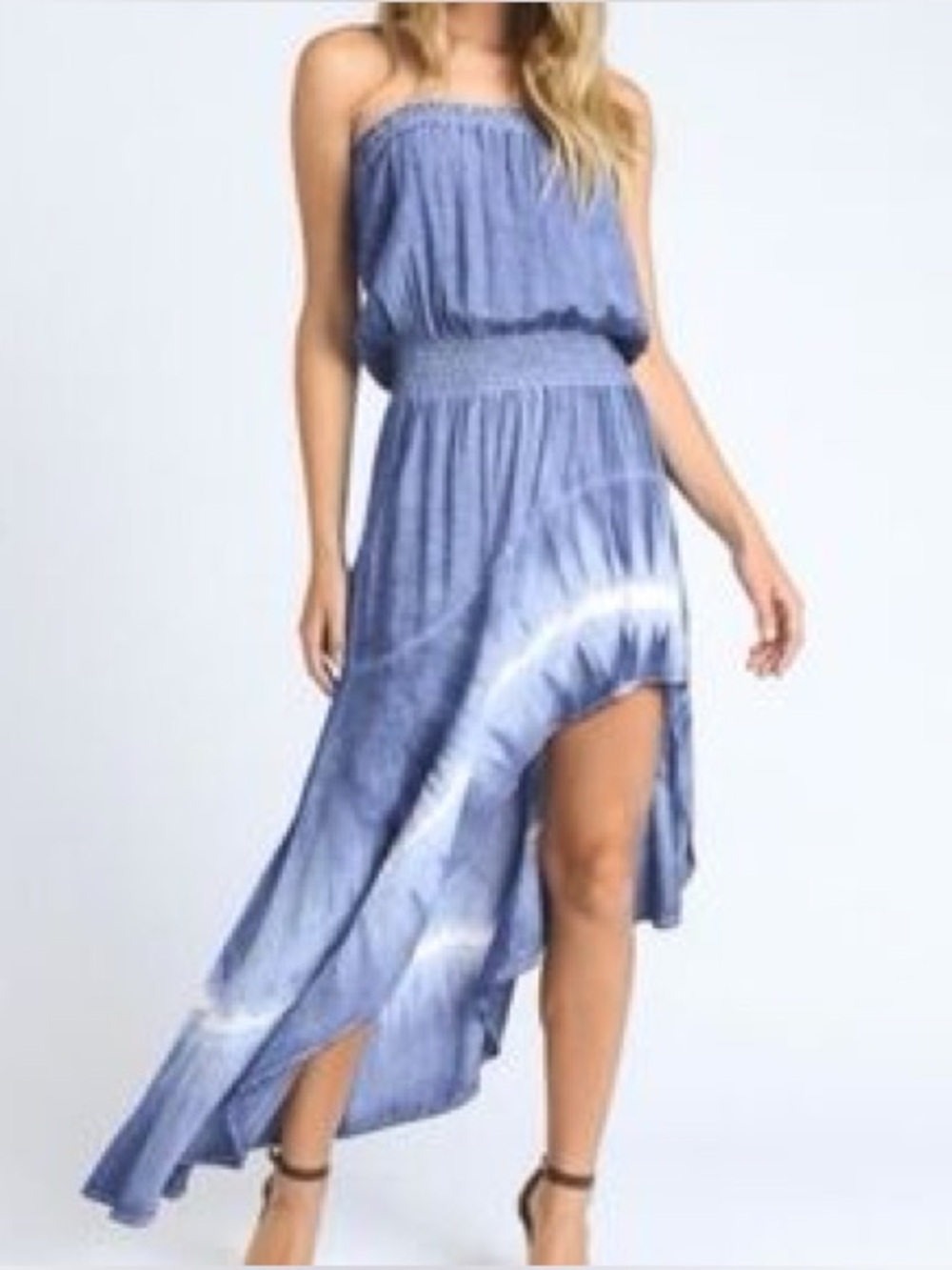 Storia Blue Tie-Dye Smocked Strapless High-Low Maxi Dress